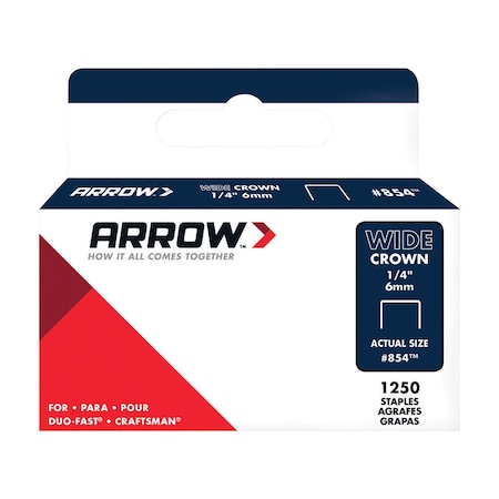 Arrow Fastener Staples, 18 ga, Wide Crown, 1/4 in Leg L, 1250 PK 854SP